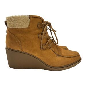 Mad Love Kenzie Cognac Faux Suede Lace Up‎ Wedge Ankle Boots Booties Size 8